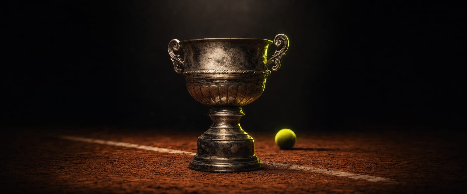 Historische Tennis-Trophäe auf rotem Sand im Scheinwerferlicht