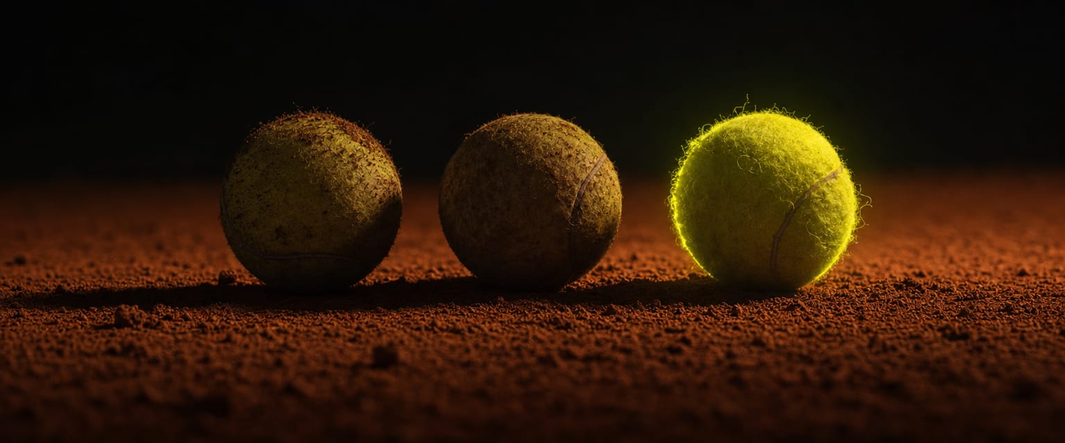Drei Tennisbälle auf rotem Sand in dramatischem Licht