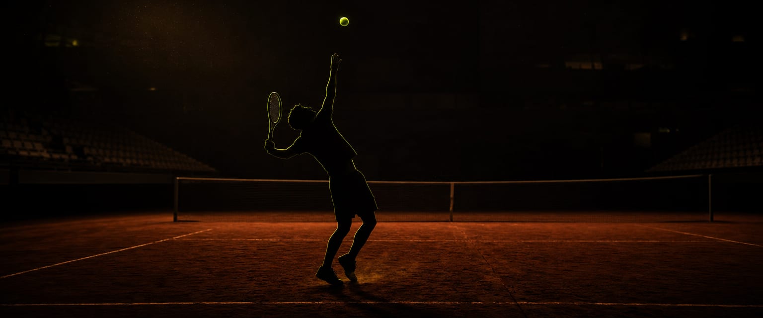Silhouette eines Tennisspielers beim Aufschlag auf Sandplatz