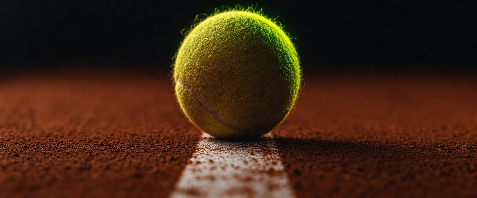 Tennisball auf der weißen Linie eines Sandplatzes, Nahaufnahme